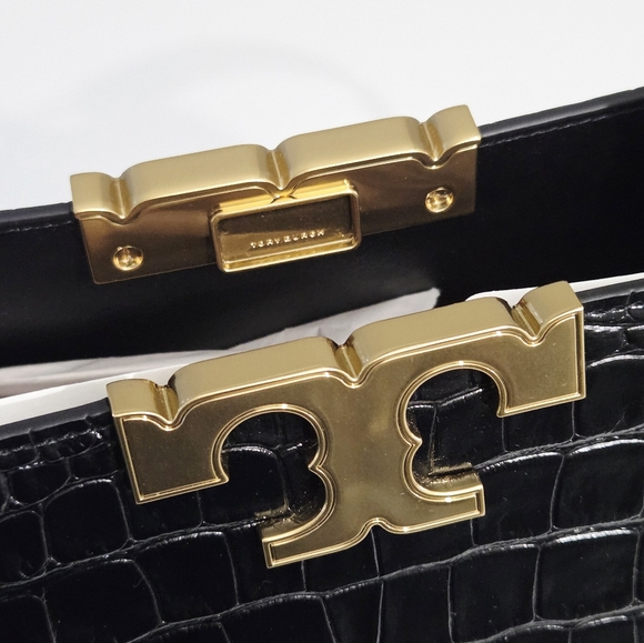 NWT TORY BURCH ELEANOR CROC EMBOSSED LEATHER SATCHEL BAG BLACK - Picture 9 of 11